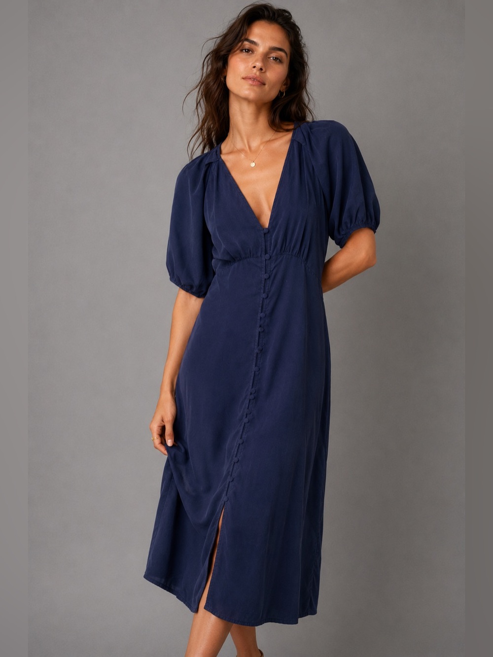 Chelsea & Violet Lyocell Midi Dress Size 4 Blue Puff Sleeve Button Front Deep V